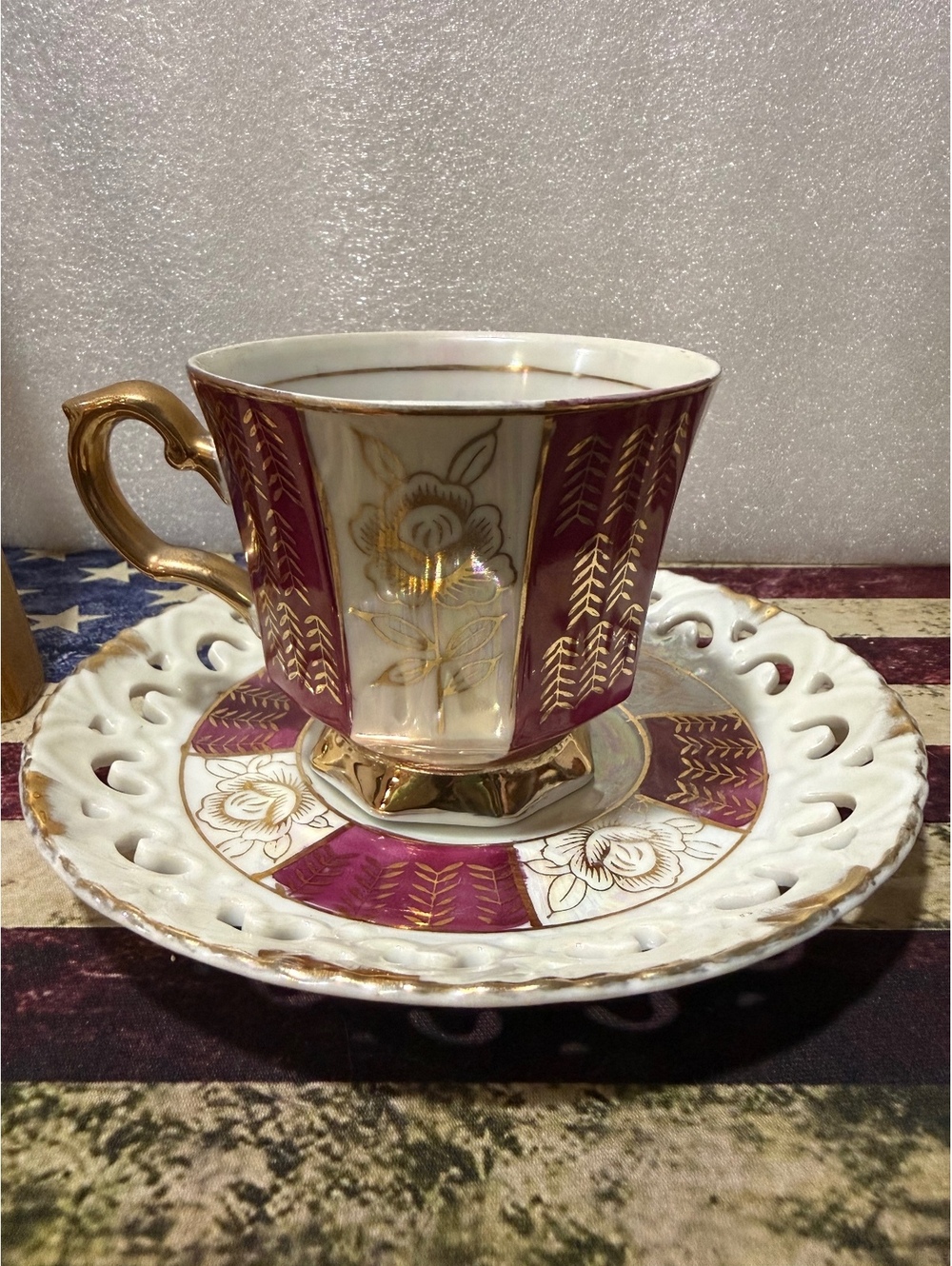 Vintage Japan Lusterware Teacup Saucer Burgundy Gold Reticulated Pierced MCM
